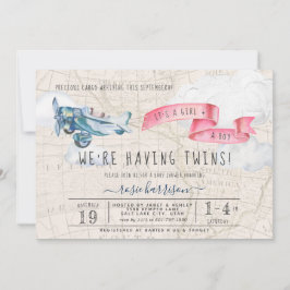 ツインズ・ボーイ・ガール |ヴィンテージ飛行機の赤ちゃんシャワー 招待状