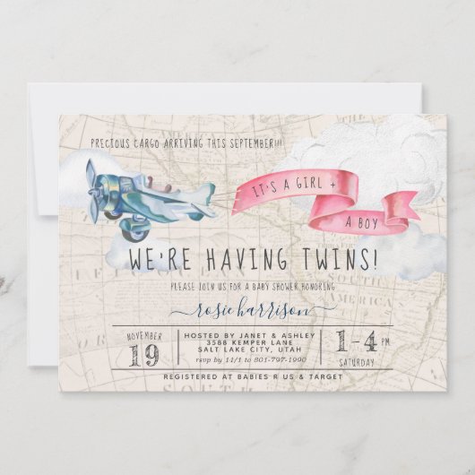 ツインズ・ボーイ・ガール |ヴィンテージ飛行機の赤ちゃんシャワー 招待状 (正面)