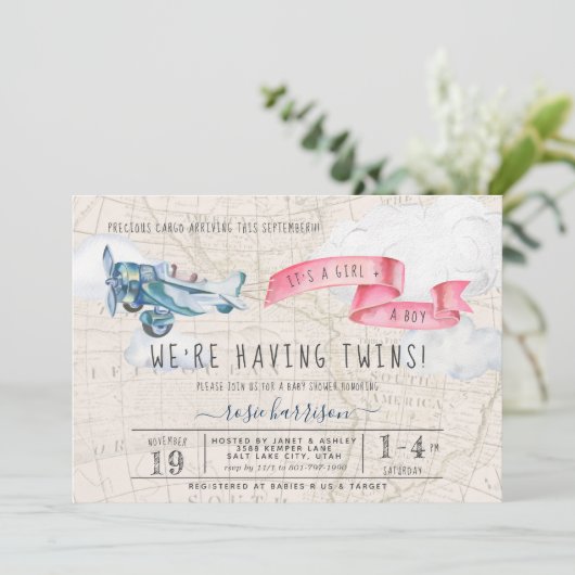 ツインズ・ボーイ・ガール |ヴィンテージ飛行機の赤ちゃんシャワー 招待状 (スタンド正面)