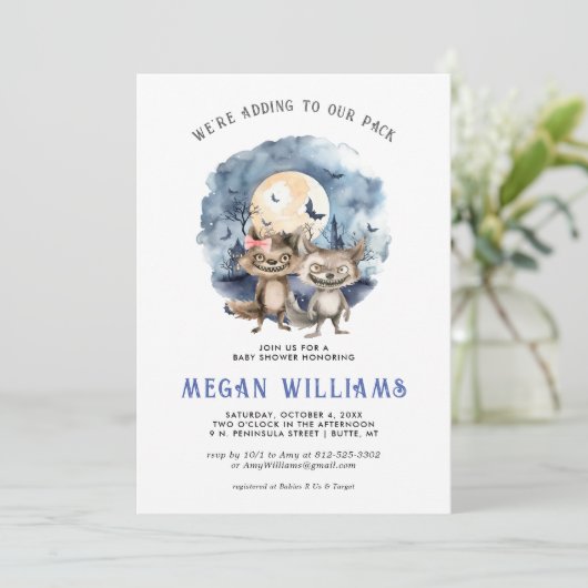 ツインズ・ワーウルフ | ハロウィーンの赤ちゃんシャワー 招待状 (スタンド正面)