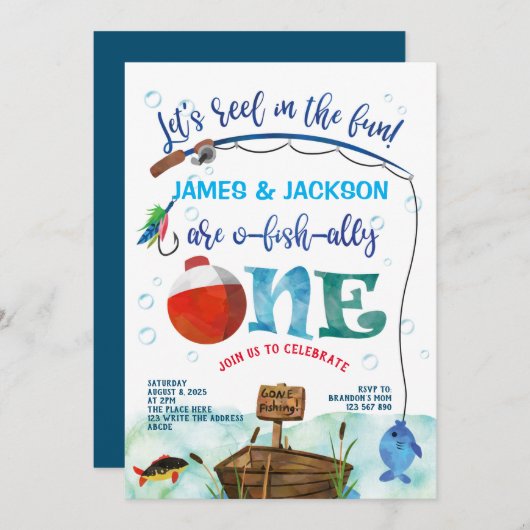 ツインズO-fish-ally Little Fisherman 1st birthday 招待状 (正面/裏面)