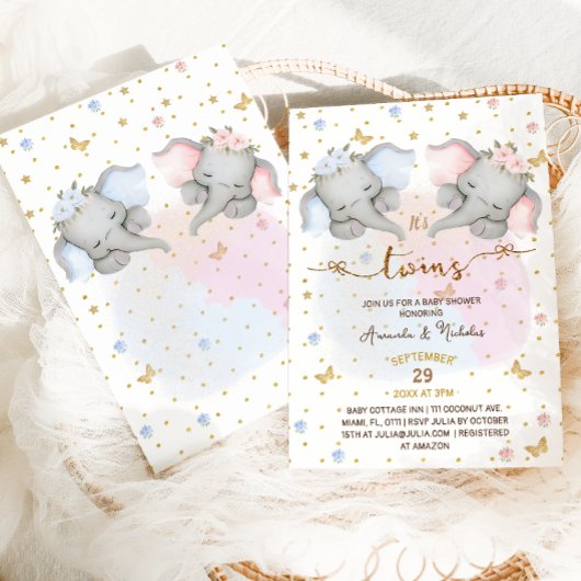 ツインゾウ男の子の女の子の赤ちゃんシャワーぼほ 招待状