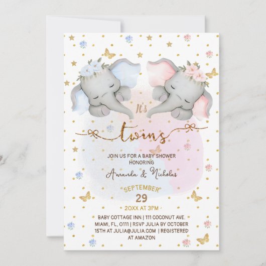 ツインゾウ男の子の女の子の赤ちゃんシャワーぼほ 招待状 (正面)