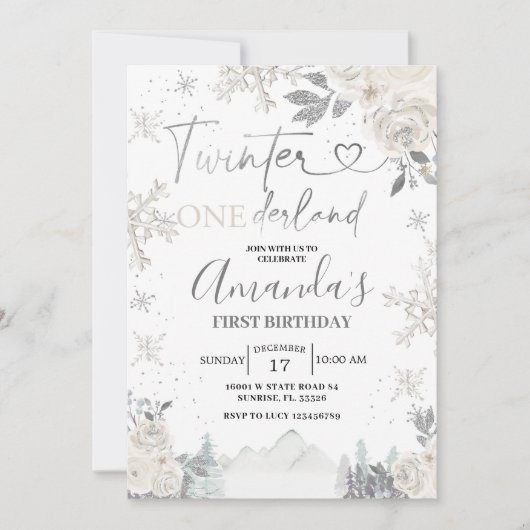 ツインターオーバーランドスノーフレークホワイトフローラ誕生日 招待状 (正面)