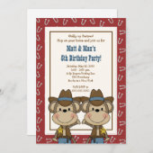 ツインツインボーイズ西カウボーイモンキー5x7誕生日 招待状 (正面/裏面)