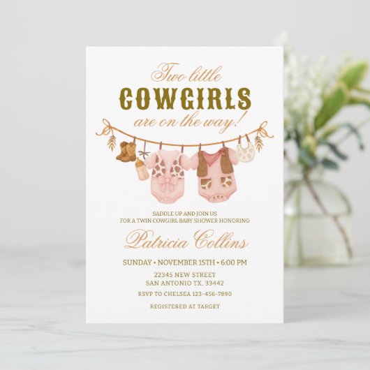 ツインツーリトル女性のカーボーイクロスラインベビーシャワー 招待状 (スタンド正面)