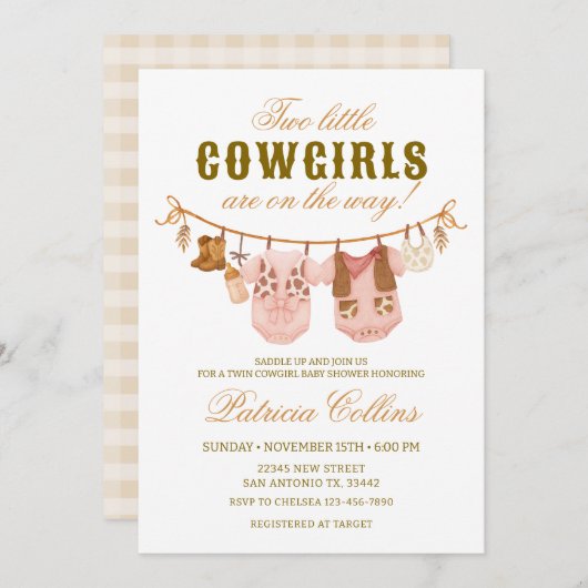 ツインツーリトル女性のカーボーイクロスラインベビーシャワー 招待状 (正面/裏面)