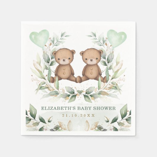 ツインテディが緑の金ゴールドバルーン赤ちゃんシャワーを負担 スタンダードカクテルナプキン (正面)