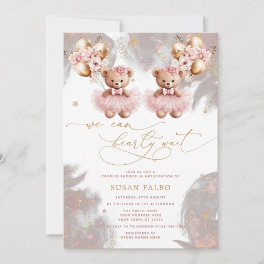 ツインテディベア我々は赤ちゃんシャワーを待つことができる 招待状 (正面)