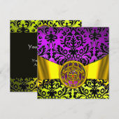 ツインドラゴンズ ゴールド パープル ブラック ダマスク モノグラム 招待状 (正面/裏面)