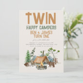 ツインハッピーキャンパーウォーターカラーウッドランド1歳の誕生日 招待状 (スタンド正面)