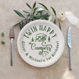 ツインハッピーキャンパーズブラウンミニマリスト1st誕生日 ペーパープレート