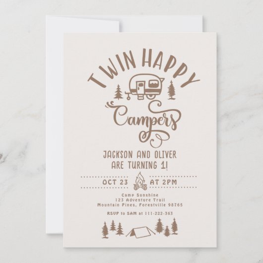 ツインハッピーキャンパーズボーイフォレスト1歳の誕生日 招待状 (正面)