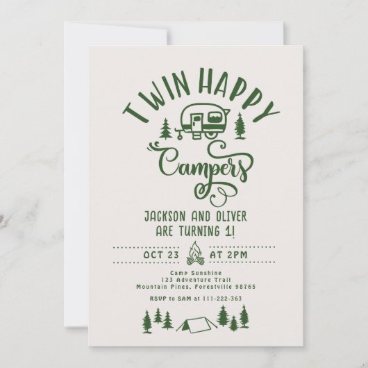 ツインハッピーキャンパーズボーイフォレスト1歳の誕生日 招待状 (正面)