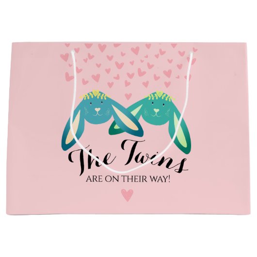 ツインバニーズベビーシャワーキュートパステルピンクパーティー ラージペーパーバッグ (正面)
