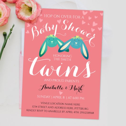 ツインバニーズベビーシャワーパステルカラーパーティーInvite 招待状