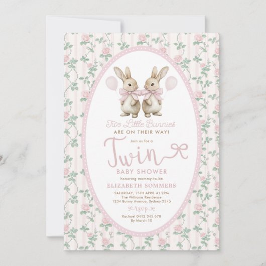 ツインバニー ピンクローズ ガール ベビーシャワー 招待状 (正面)
