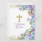 ツインバプテスマと一歳の誕生日パープルとブルーフローラ 招待状 (裏面)