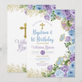 ツインバプテスマと一歳の誕生日パープルとブルーフローラ 招待状 (正面/裏面)