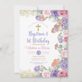 ツインバプテスマと誕生日パープルとピンクフローラ 招待状 (正面)