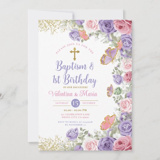 ツインバプテスマと誕生日パープルとピンクフローラ 招待状 (正面)