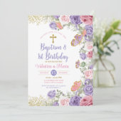 ツインバプテスマと誕生日パープルとピンクフローラ 招待状 (スタンド正面)