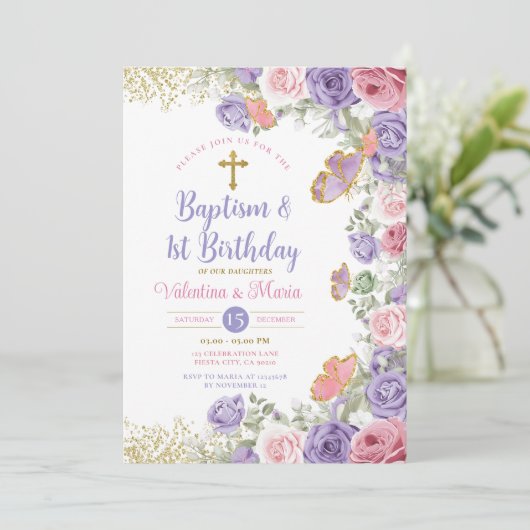 ツインバプテスマと誕生日パープルとピンクフローラ 招待状 (スタンド正面)