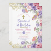 ツインバプテスマと誕生日パープルとピンクフローラ 招待状 (正面/裏面)