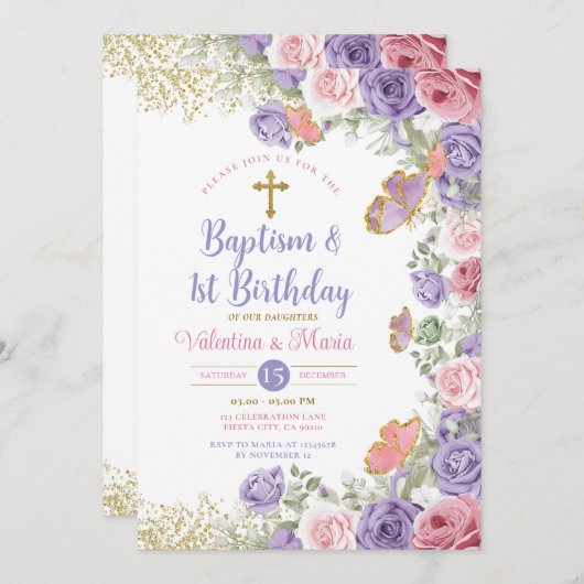 ツインバプテスマと誕生日パープルとピンクフローラ 招待状 (正面/裏面)