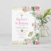 ツインバプテスマ&第1誕生日セージグリーンピンクフローラ 招待状 (スタンド正面)