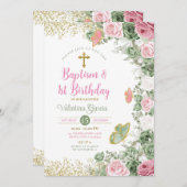 ツインバプテスマ&第1誕生日セージグリーンピンクフローラ 招待状 (正面/裏面)