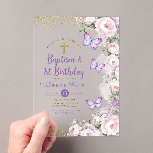 ツインバプテスマ&第1誕生日パープルフローラクロス アクリル招待状 (インサイチュ (ポータブル))