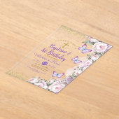 ツインバプテスマ&第1誕生日パープルフローラクロス アクリル招待状 (レイダウン)