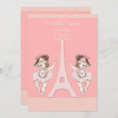 ツインバレリーナエッフェルタワーシェブロン1st誕生日 招待状 (正面/裏面)