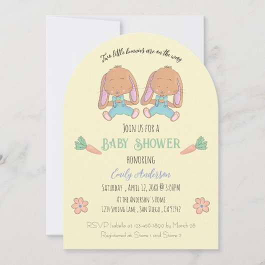 ツインバンニーアーチイエローベビーシャワー招待状 招待状 (正面)
