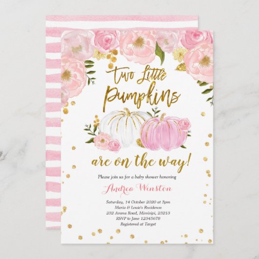 ツインピンクと金ゴールドカボチャ赤ちゃんシャワー招待状 招待状 (正面/裏面)