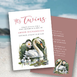 ツインピンクのスクリプトエレガントスワンベビーシャワー 招待状