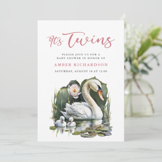 ツインピンクのスクリプトエレガントスワンベビーシャワー 招待状 (スタンド正面)