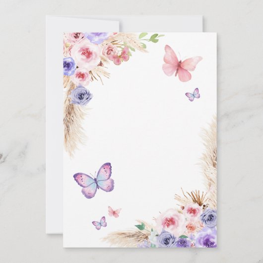ツインピンクパープルバタフライファースト誕生日フローラ 招待状 (裏面)