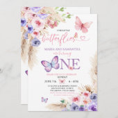 ツインピンクパープルバタフライファースト誕生日フローラ 招待状 (正面/裏面)