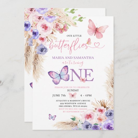 ツインピンクパープルバタフライファースト誕生日フローラ 招待状 (正面/裏面)