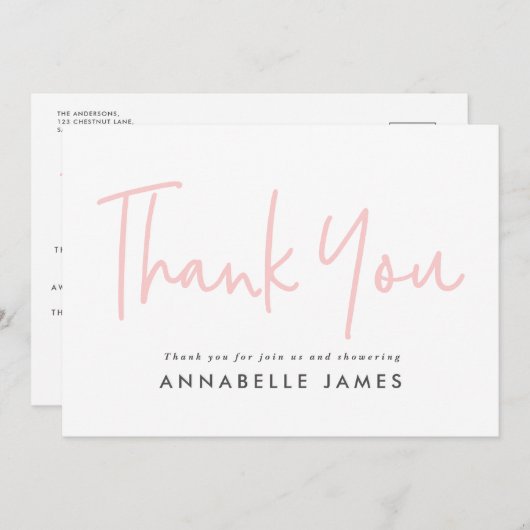 ツインピンクモダンガールスタイリッシュ感謝していタイポグラフィユー 招待状 (正面/裏面)