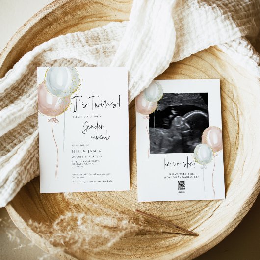 ツインピンク&ブルーバルーンジェンダー赤ちゃんシャワーを明らかにする 招待状