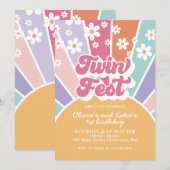 ツインフェスト レインボー サンシャイン デイジー 1歳の誕生日 招待状 (正面/裏面)