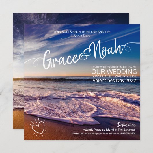 ツインフレーム先ビーチ結婚式招待状 セーブザデート (正面/裏面)