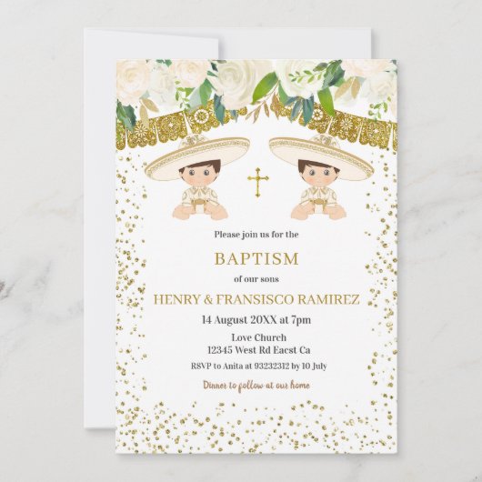 ツインフローラ金ゴールドフィエスタボーイバプティスマ《キリスト教》洗礼式や命名式 招待状 (正面)