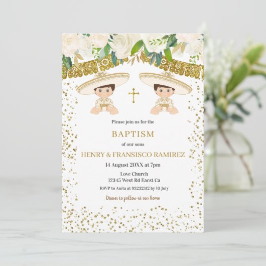 ツインフローラ金ゴールドフィエスタボーイバプティスマ《キリスト教》洗礼式や命名式 招待状 (スタンド正面)