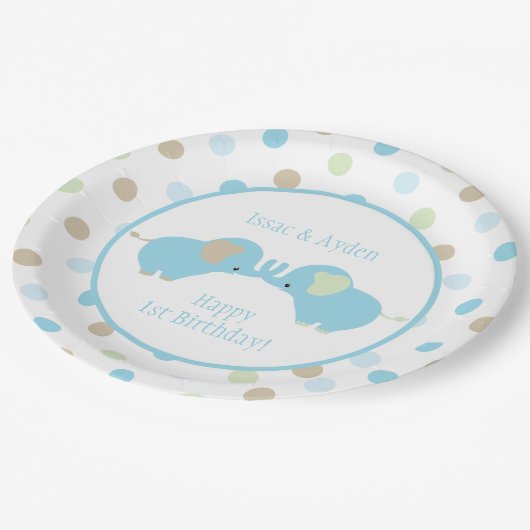 ツインブルーベビーゾウ水玉模様誕生会 ペーパープレート (アングル)