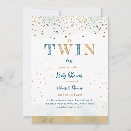 ツインブルー金ゴールドグリッターシンプル男の赤ちゃんシャワー 招待状 (正面)