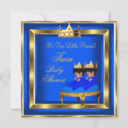 ツインプリンスベビーシャワーブルー王室の金ゴールドボーイクラウン 招待状 (正面)
